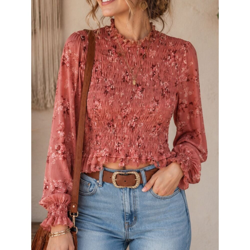 Penelope Rose Floral Smocked Mock Neck Long Sleeve Crop Blouse Pink Large